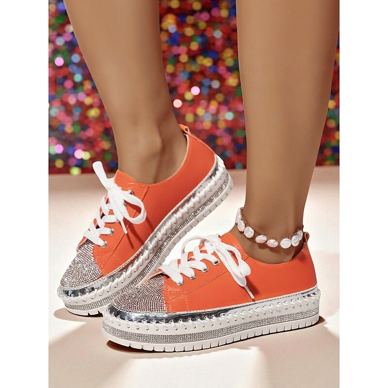 Women's Orange Rhinestone Sneakers - Glitter Lace-Up Casual Party Shoes with Chunky Sole for Nightlife and Club Outfits2
