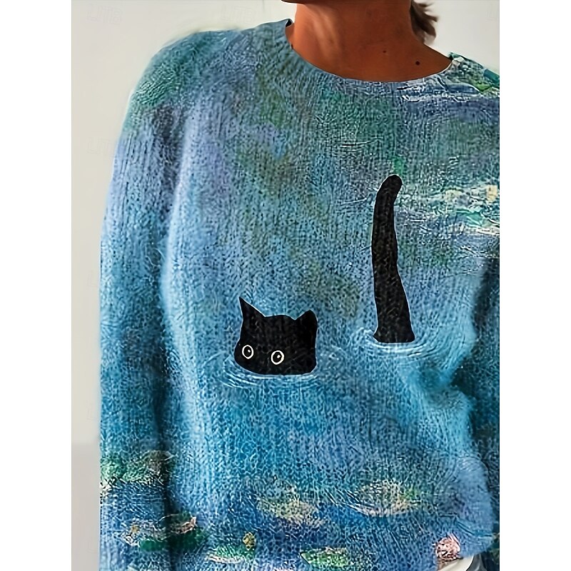 Women's Sweater Pullover Daily Casual Graphic Animal Color Gradient Ribbed Crew Neck Knitted Print Long Sleeve Regular Tops Knit Outdoor Weekend Blue Fall Winter2