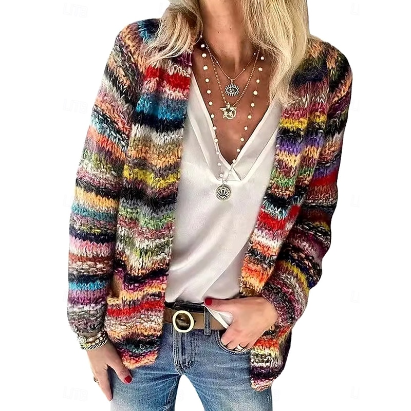 Women's Cardigan Daily Geometric Striped Ribbed Open Front Buttons Print Long Sleeve Regular Tops Knit Outdoor Weekend Yellow Blue Spring Fall2