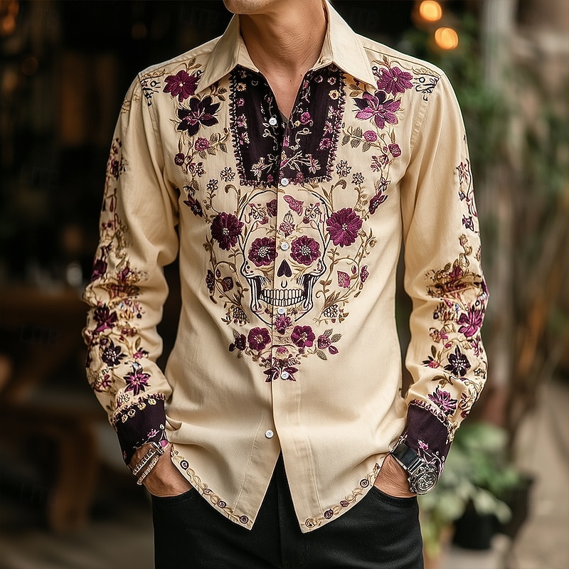 Men's Skull Floral / Flower Day of the Dead Shirt Western Shirt Cowboy Shirt Long Sleeve Dark Gothic Style Outdoor Holiday Spring Fall Turndown 3D Print Button Up Shirts Light Khaki