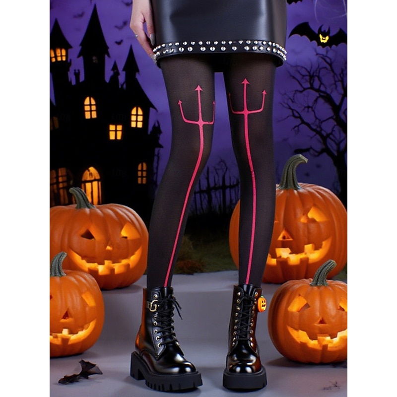 Women's Black Devil Trident Halloween Socks, Gothic Style Stockings with Red Pitchfork Print for Costume Parties and Spooky Celebrations