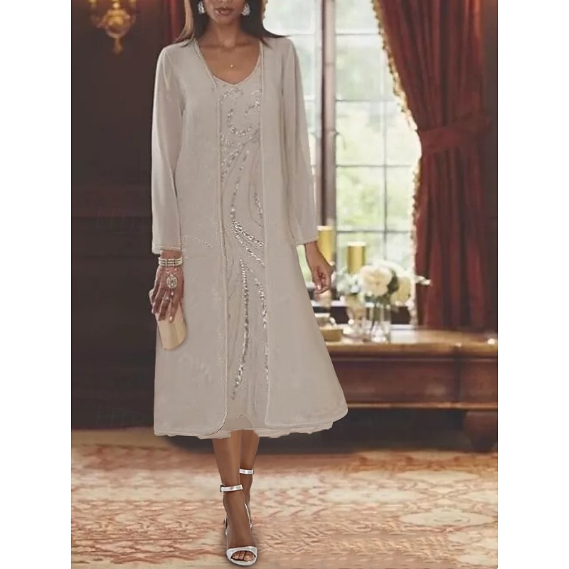 Beach Wedding Two Piece A-Line Mother of the Bride Dress Formal Wedding Guest Elegant V Neck Tea Length Chiffon Lace Sleeveless Jacket Dresses with Beading Sequin
