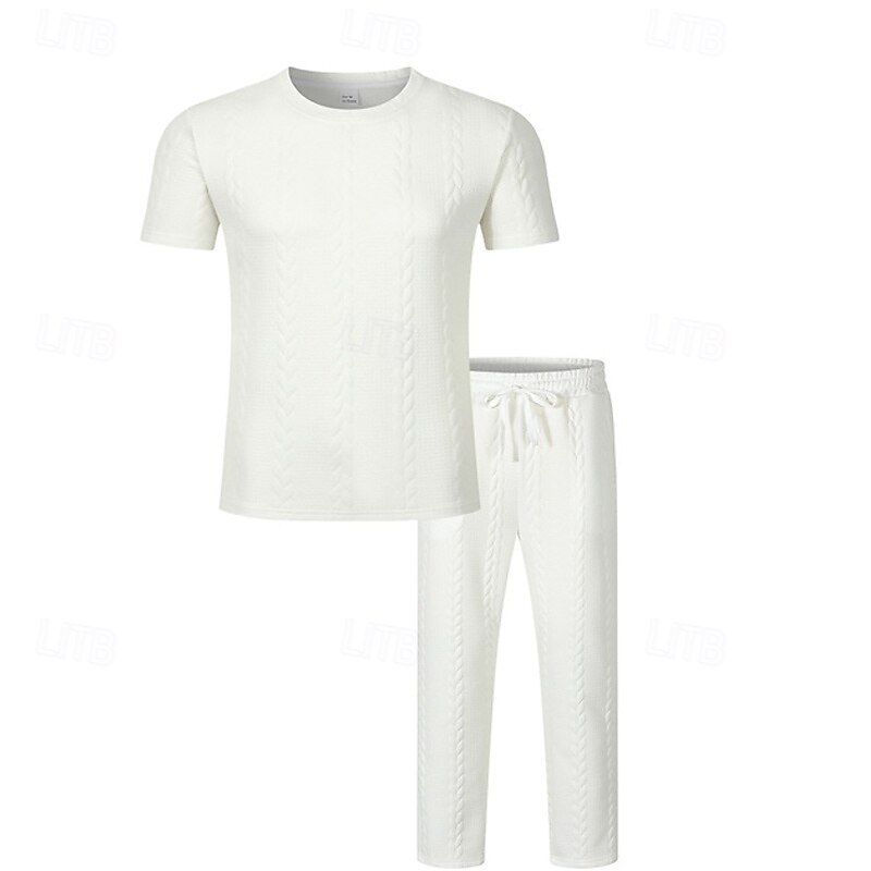 Men's T-shirt Suits Shirt and Pant Sets 2 Pieces Outfits Short Sleeve Crewneck Summer Spring Plain Fashion Casual Jacquard 2 Piece Vacation Daily Wear Going out Black White Khaki Top Tee for Men2