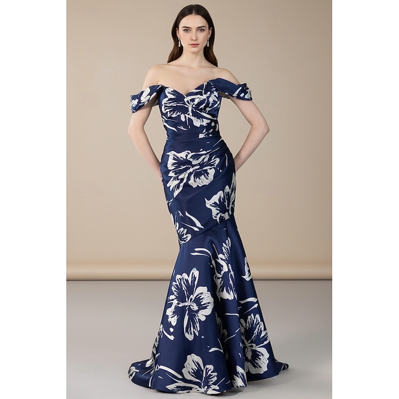 Floral Print Mermaid / Trumpet Evening Gown with Detachable Sleeve Elegant Formal Dress Formal Wedding Floor Length Sleeveless Off Shoulder Stretch Satin with Pleats 20252