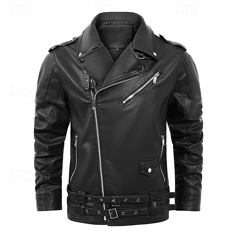 Men's Faux Leather Jacket Biker Jacket Motorcycle Jacket Vacation Daily Windproof Warm Pocket Fall Winter Plain Fashion Classic Stand Collar Regular Black Jacket2