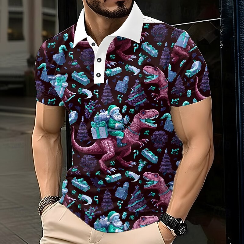 Christmas Men's Santa Claus Dinosaur Polo Short Sleeve Polo Shirts Lapel Casual Outdoor Street Festival Outfit 3D Print Buttons Spring Fall Winter Purple Green2