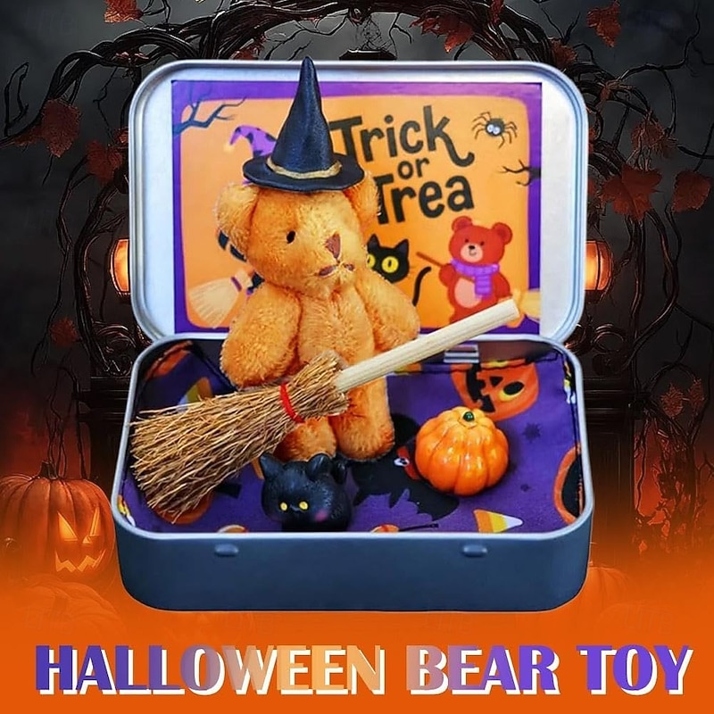Halloween Bear in a Box for Trick or Treat,Handmade Little Witch Bear in Box,Plush Mini Teddy Bear Gift with Wizard Hat,Emotional Support Inspirational Gifts,Thoughtful Desk Accessories for Friends2