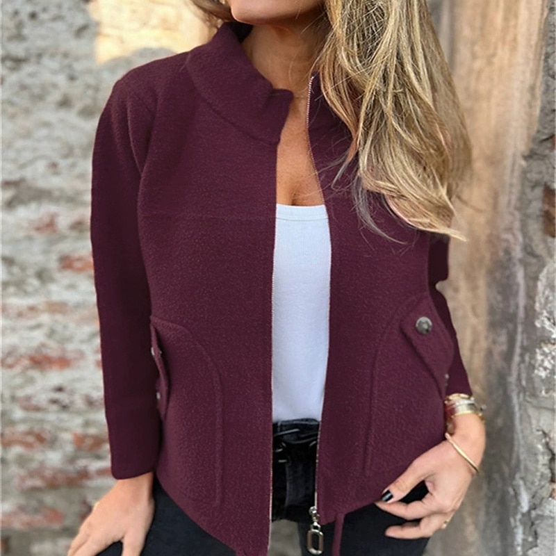Women's Blazer Comfortable Zipper Pocket Elegant Fashion Outdoor Plain Going out Casual Daily Weekend Cardigan Regular Stand Collar Regular Fit Long Sleeve Outerwear Black Red Blue Spring Fall4