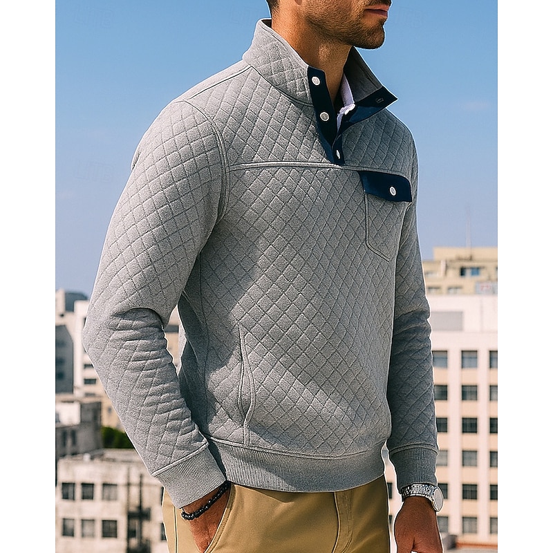 Men's Pullover Sweatshirt Lounge Top Buttons Long Sleeve Top Athleisure Fall Solid Colored Cotton Hiking Outdoor Travel Sportswear Activewear Black Army Green Dark Gray3