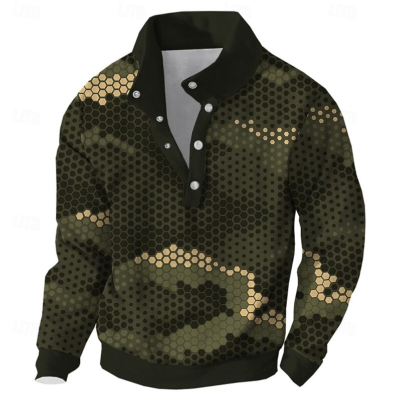 Men's Camo Camouflage Sweatshirt Military Hunting High Neck Outdoor Hunting Blue Green Buttons Fall Winter Designer