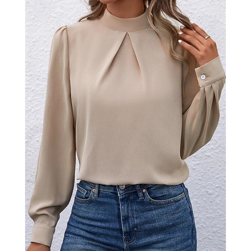 Women's Shirt Elegant Dressy Satin Solid Color Stylish Casual Long Sleeve High Neck Regular Tops Daily Going out Black Yellow Light Green Red Purple Spring Fall3