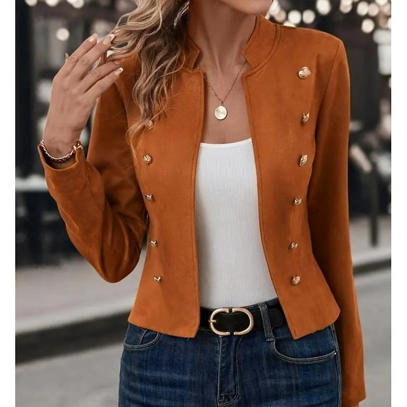Women's Blazer Outdoor Stand Collar Buttons Solid Color Breathable Fashion Regular Fit Outerwear Long Sleeve Fall Black S