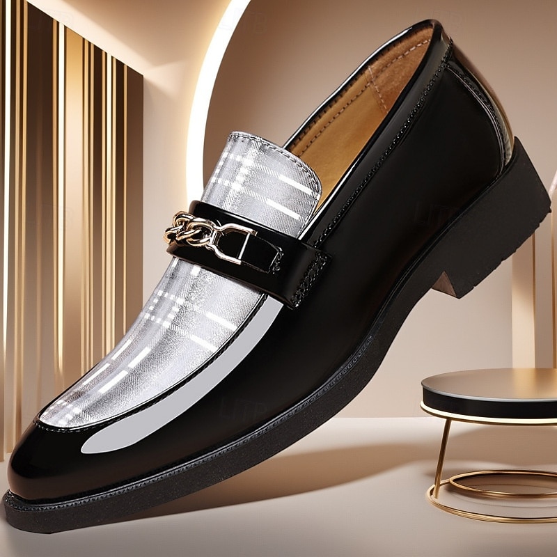 Men's White Plaid Loafers Slip-On Fashion Dress Shoes with Metal Chain Detail for Business Meetings, Evening Parties and Modern Casual Outfits2