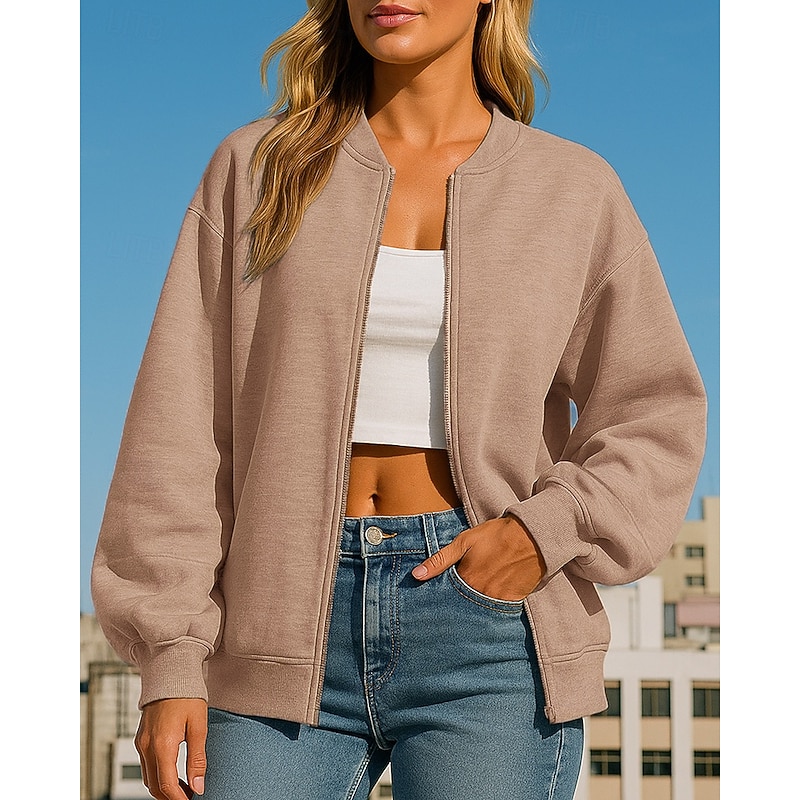 Women's Zip Up Sweatshirt Lounge Top Long Sleeve Top Athleisure Fall Solid Colored Hiking Outdoor Travel Sportswear Activewear Black White Khaki4