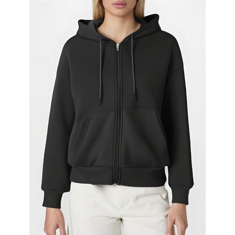 Women's Casual Jacket Hoodie Jacket Comfortable Breathable Zipper Pocket Casual Plain Vacation Street Casual Daily Wear Zipper Regular Hooded Regular Fit Long Sleeve Outerwear Black Red Purple Spring4