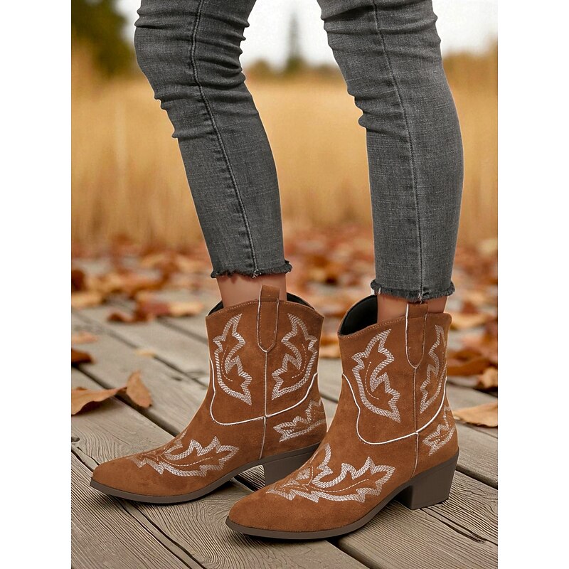 Women's Suede Western Cowboy Ankle Boots with Embroidered Design and Low Block Heel - Vintage Country Style Footwear for Ladies, Perfect for Festivals, Rodeo, Outdoor & Casual Wear4