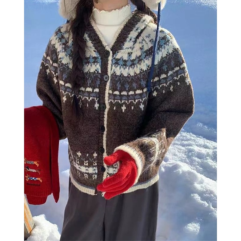 Women's Sweater Cardigan Fair Isle Sweater Vintage Fashion Casual Geometric Ribbed Hooded Buttons Knitted Print Long Sleeve Regular Tops Knit Christmas Outdoor Daily Coffee Fall Winter