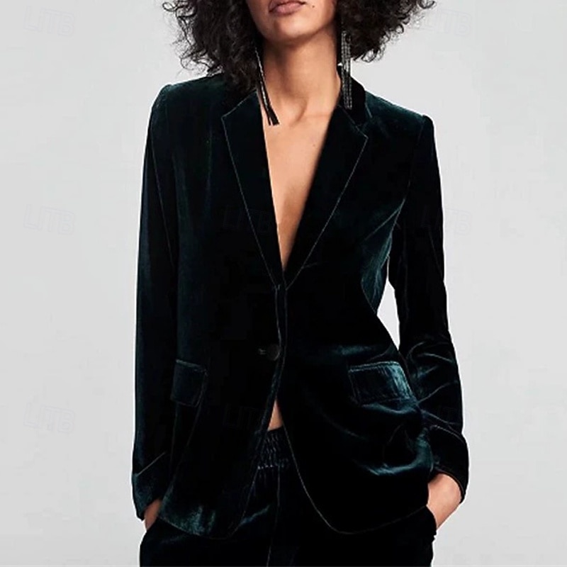 Women's Blazer Warm Comfortable Pocket Buttons Casual Plain Vacation Street Casual Daily Wear Regular Turndown Regular Fit Long Sleeve Outerwear Black Red Dark Green Fall Winter