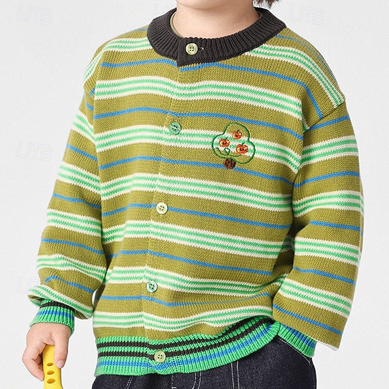 Kids Unisex Baseball Jackets Outerwear Stripe Long Sleeve Comfort Buttons Soft Coat Outdoor Cotton Fashion Daily Blue Green Spring Fall 4 years+2