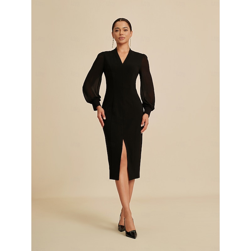 Women's Midi Dress Black Long Sleeve V Neck Fitted Silhouette Stretch Glitter Sheer Mesh Panel Concealed Zipper Elegant All Seasons4