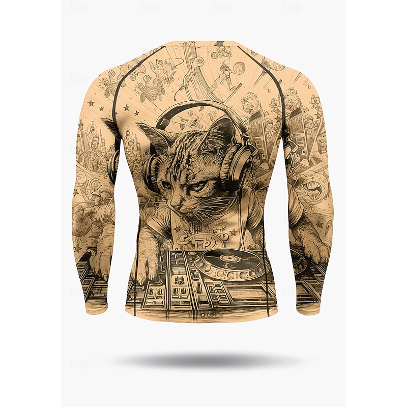 Men's Compression Shirt Running Shirt 3D Print Long Sleeve Base Layer Cat Quick Dry Compression Power Flex Moisture Wicking Gym Workout Active Training Exercise Sportswear Activewear Khaki2