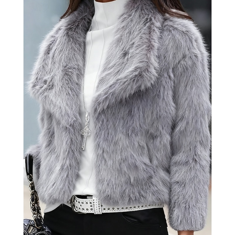 Women's Faux Fur Coat Warm Comfortable Buttons Furs & Leathers Fashion Plain Vacation Street Daily Wear Going out Regular Turndown Regular Fit Long Sleeve Outerwear Black White Khaki Fall Winter