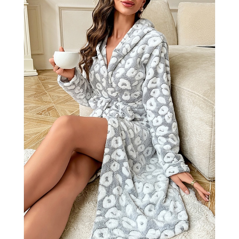 Women's Pajamas Robe Casual Soft Pure Color Lace up Vacation Home Bed Long Sleeve Hoodie Light Grey Fall Winter Tailored Fit2