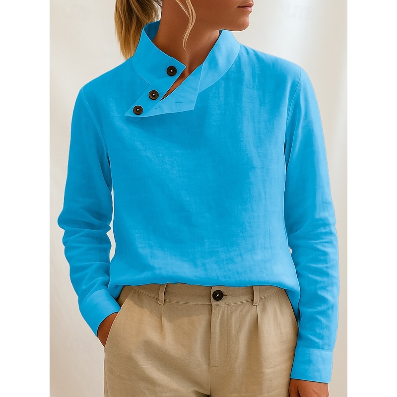 Women's Blouse Plain Casual Long Sleeve High Neck Regular Tops Daily Grass Green Pink Blue Spring Fall3