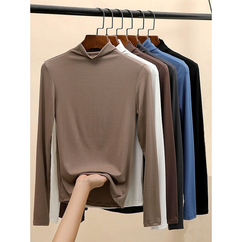 Women's Blouse Solid Color Stylish Casual Long Sleeve High Neck Regular Tops Daily Black White Blue Brown Khaki Fall Winter