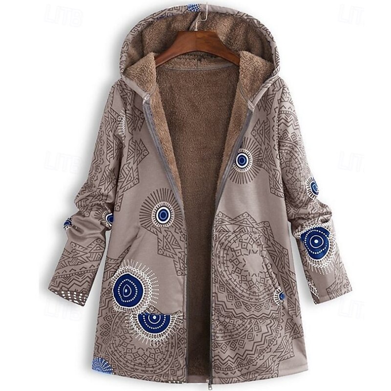 Women's Sherpa Jacket Casual Jacket Comfortable Breathable Print Casual Geometric Vacation Street Casual Daily Wear Open Front Regular Hooded Regular Fit Long Sleeve Outerwear Red Purple Green Spring2