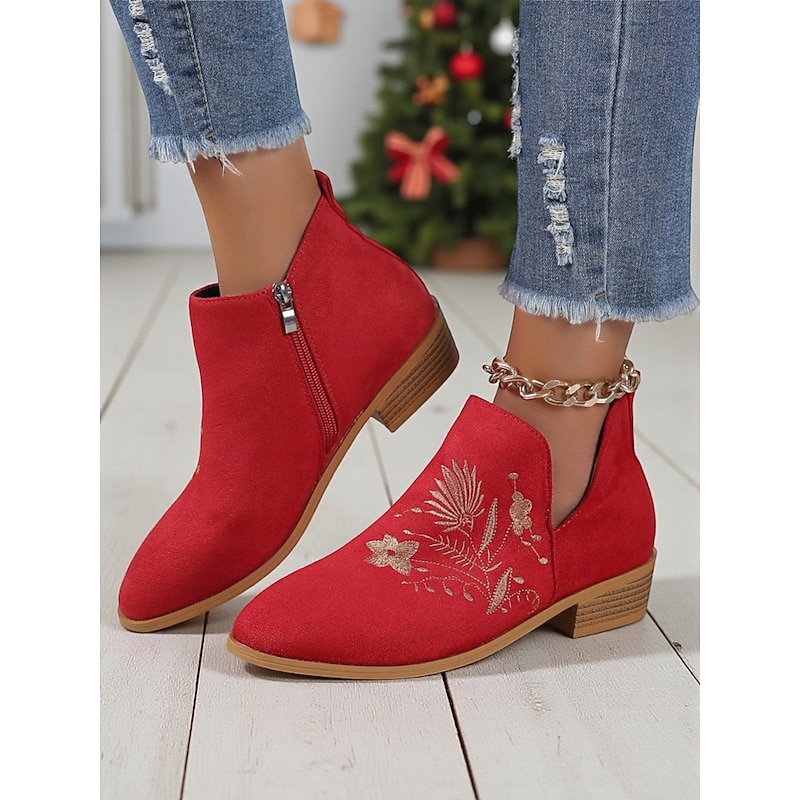 Women's Red Ankle Boots – Faux Suede Embroidered Zipper Low Heel Booties for Christmas, Parties and Casual Style2