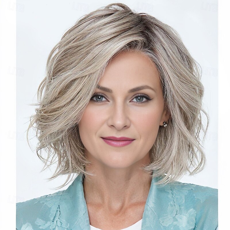 Women’s Ash Blonde Silver Highlight Short Wavy Bob Wig Natural Looking Realistic Synthetic Hair Heat Resistant Side Part Elegant Daily Wear Fashion Style