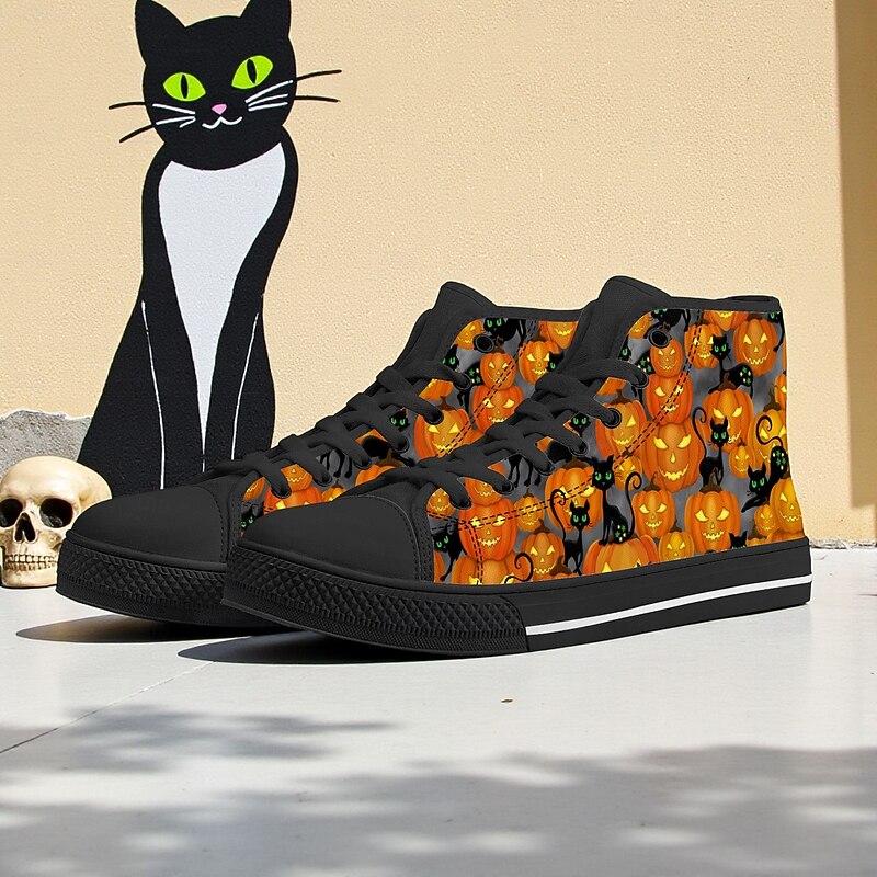 Women's High Top Canvas Sneakers with Cat and Pumpkin Print – Gothic Halloween Party Shoes for Walking and Casual Wear4