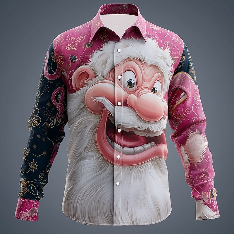 Christmas Men's Santa Claus Smile Face funny christmas Shirt Button Up Shirt Long Sleeve Funny Outdoor Holiday Spring Fall Turndown 3D Print Collared Shirts Pink Blue