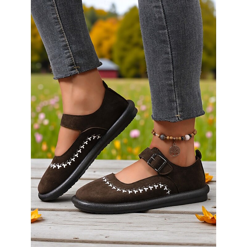 Women's Brown Wide Fit Mary Jane Flats with Buckle Strap and Embroidered Detailing, Comfortable Casual Faux Suede Shoes for Daily Wear and Travel2