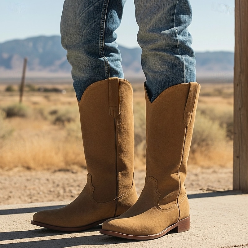 Men's Brown Suede Western Cowboy Boots with Pull Tabs and Classic Stitching - Vintage Style Mid-Calf Boots3
