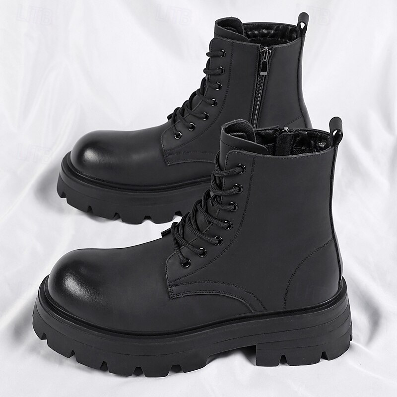 Black Faux Leather Men's Lace-Up Boots with Wing Pattern, Rugged Sole, and Military-Inspired Design – Best for Harley Riders, Outdoor Adventures, Casual Fashion and Urban Street Style4