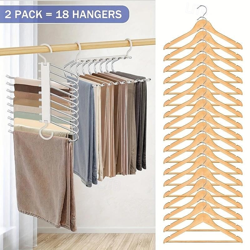 2 Pack Pants Hangers Space Saving 9 Layers Multi-functional Magic Clothes Hanger Closet Organizers and Storage Hangers for Pants Jeans Leggings Trousers Skirts, White2