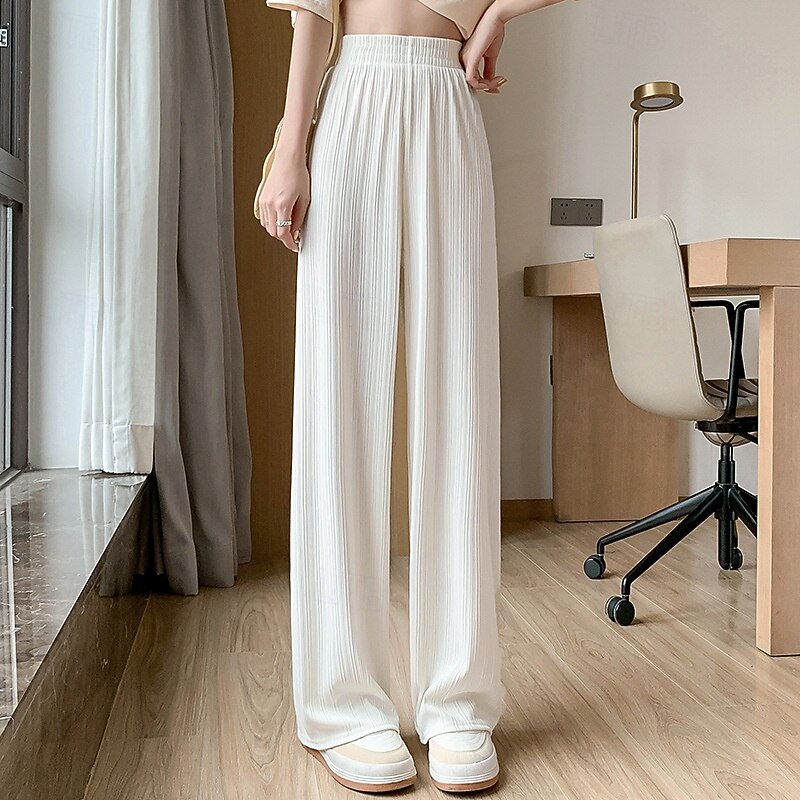 Women's Wide Leg Pants Trousers Palazzo Pants Fashion Streetwear Full Length High Waist Plain Elastic Waist Breathability Comfortable Street Daily Wear Going out Black Green Khaki Beige Spring Fall3