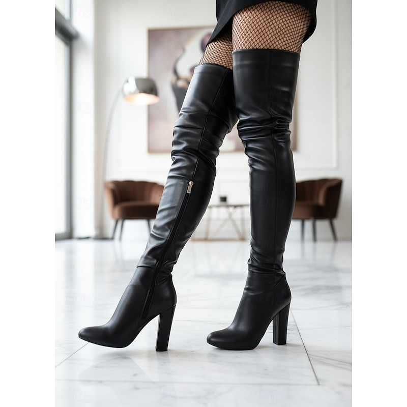 Women's Black Faux Leather Over-the-Knee Boots - High Block Heel, Side Zipper, Chic Street Style Winter Footwear for Daily, Nights Out and Fashion Events