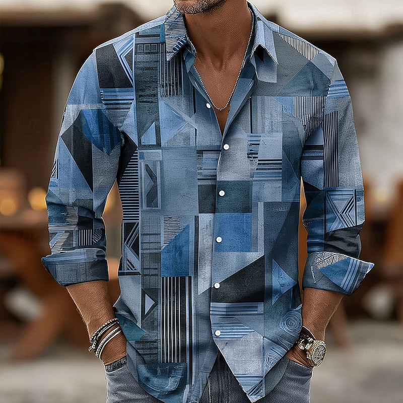 Men's Geometric Color Block Patchwork Shirt Button Up Shirt Long Sleeve Vintage Retro Outdoor Casual Holiday Spring Fall Turndown 3D Print Collared Shirts Pink Blue Purple Green Khaki2