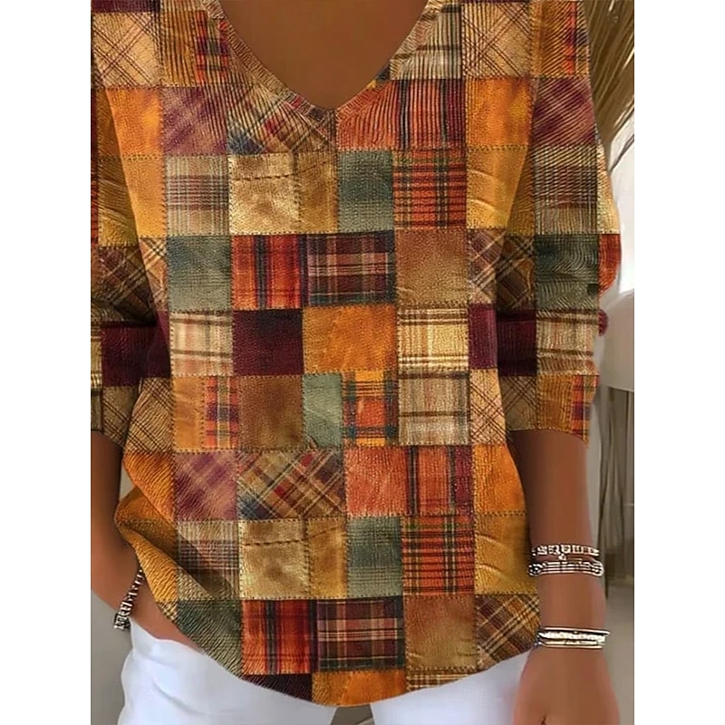 Women's Sweater Casual Soft Graphic Geometric Color Block Ribbed V Neck Patchwork Knitted Print Long Sleeve Regular Tops Knit Outdoor Daily Weekend Light Brown Fall Winter3