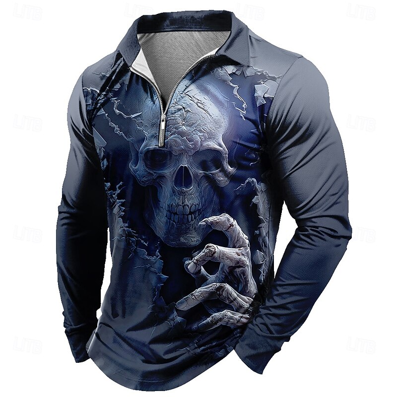 Day of the Dead Men's Skull Polo Long Sleeve Polo Shirts Lapel Casual Dark Daily Wear Festival Outfit 3D Print Quarter Zip Polo Spring Fall Winter Blue Brown Green