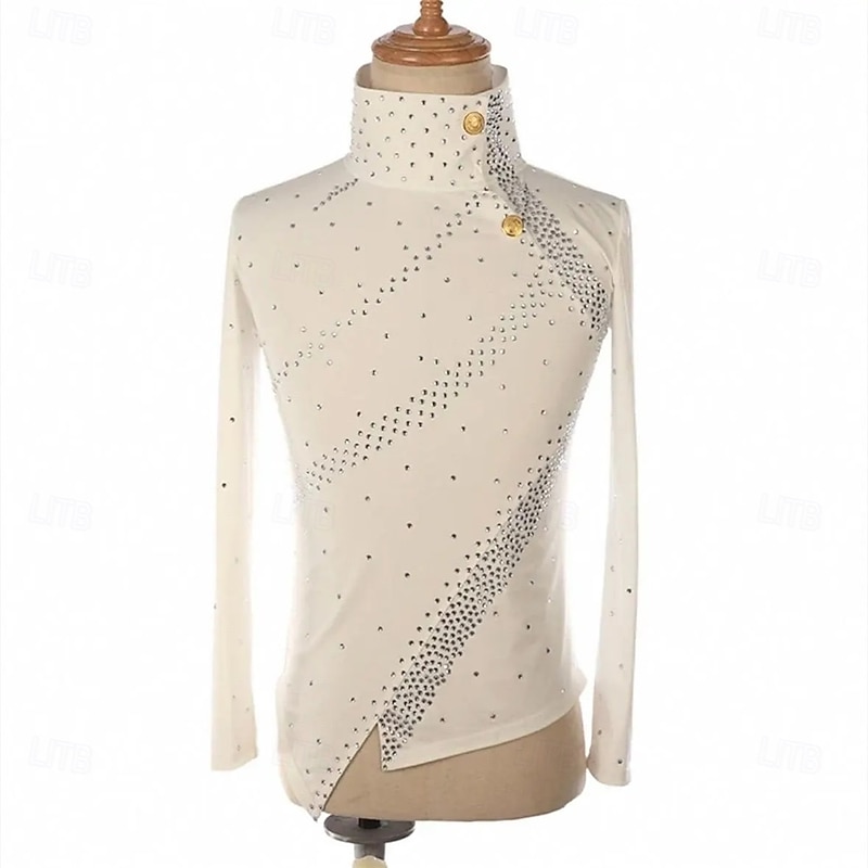 Figure Skating Top Men's Boys' Ice Skating Tops White Patchwork Spandex High Elasticity Training Competition Skating Wear Classic Crystal / Rhinestone Long Sleeve Ice Skating Figure Skating