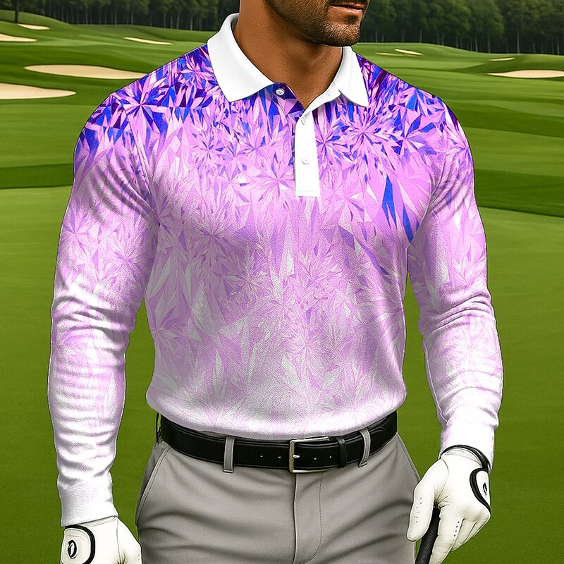 Men's Geometic Golf Polo Long Sleeve Polo Shirts Lapel Casual Athleisure Daily Wear 3D Print Buttons Spring Fall Winter Blue Purple Gray2