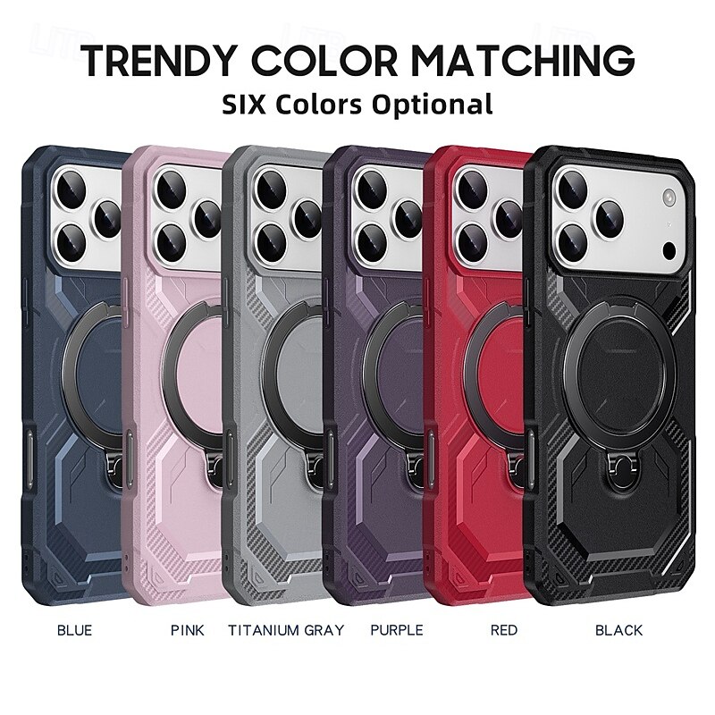 Phone Case For iPhone 17 Air 16 15 14 Pro Max Plus 16e 13 Pro Max Back Cover Support Wireless Charging Kickstand Shockproof Armor PC