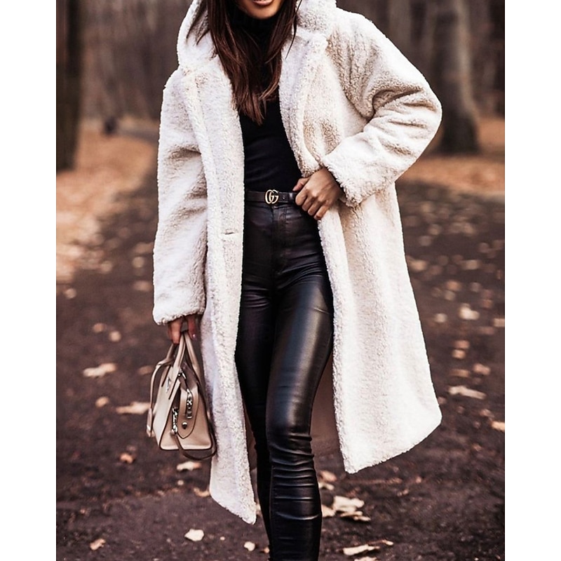 Women's Winter Coat Fleece Jacket Warm Comfortable Pocket Buttons Fashion Casual Plain Vacation Street Casual Daily Wear Single Breasted Long Hooded Regular Fit Long Sleeve Outerwear Beige Fall Winter