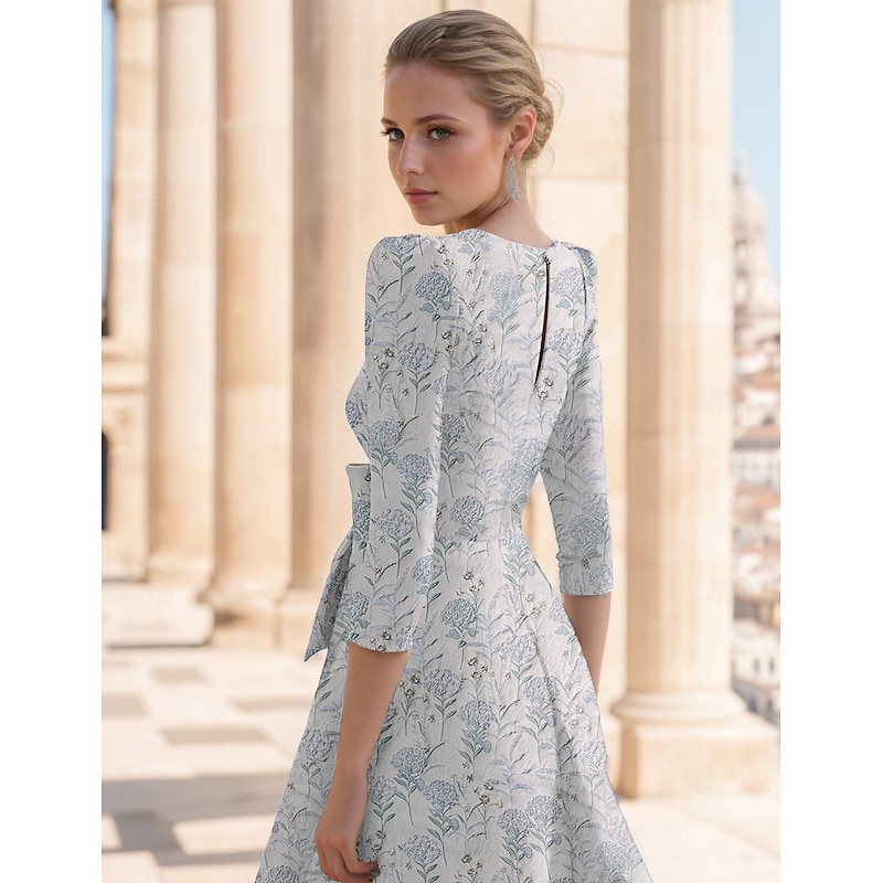 Jacquard Floral A-Line Cocktail Dress Formal Elegant Wedding Guest Vintage V Neck Ankle Length Half Sleeve with Bow(s) Flower Wedding Guest Dress2