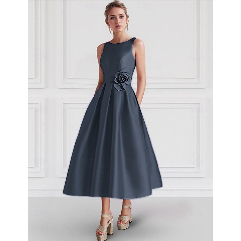 A-Line Cocktail Dresses Elegant Dress Formal Wedding Guest Ankle Length Sleeveless Boat Neck Pocket Satin with Floral Print Pocket Dresses