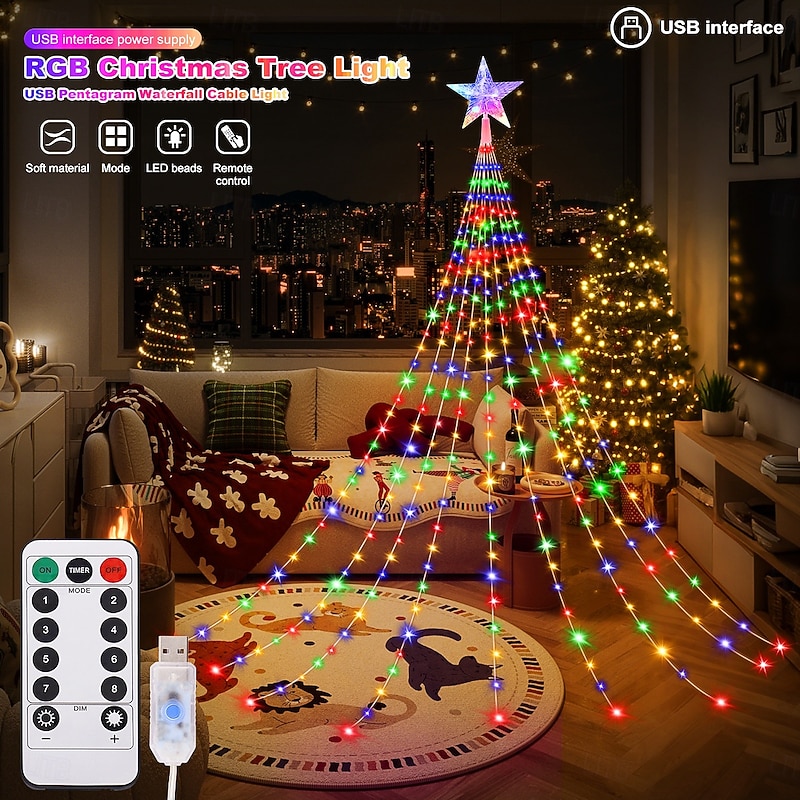 1 Pc 3M-288 Leds Christmas Star String Lights Indoor and Outdoor Courtyard Wedding Festival Party Tree Lights 8 Function Timer Remote Control USB Power Supply
